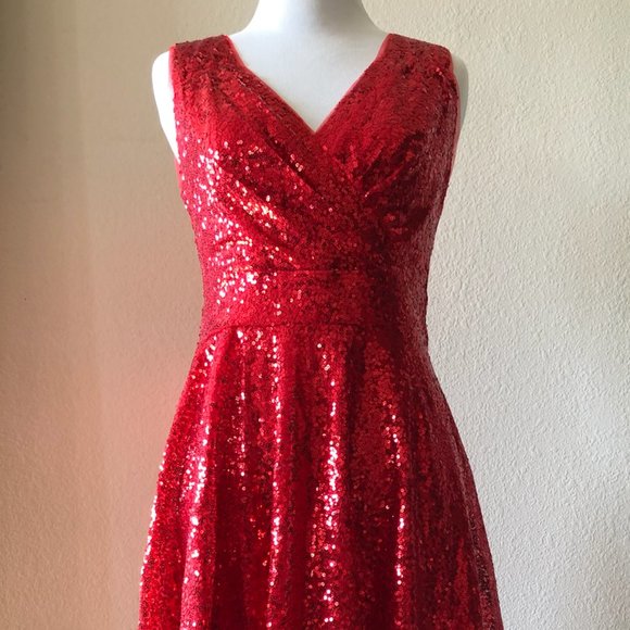 Women's Sequin Flared Cocktail Dress (Red, Size S) - Picture 2 of 4